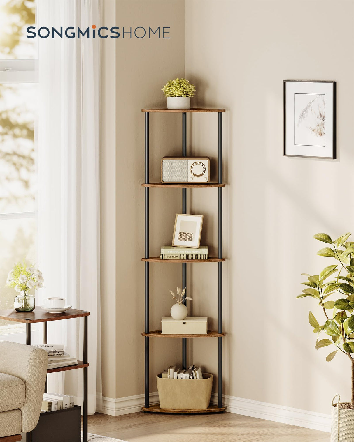 SONGMICS HOME Superfast Toolless Assembly, Corner Shelf, 5-Tier Corner Standing Shelf, Corner Shelf Stand, Living Room, Bedroom, Kitchen, 15 x 10.6 x 54.7 Inches, Rustic Brown ULBC610K01 SONGMICS HOME