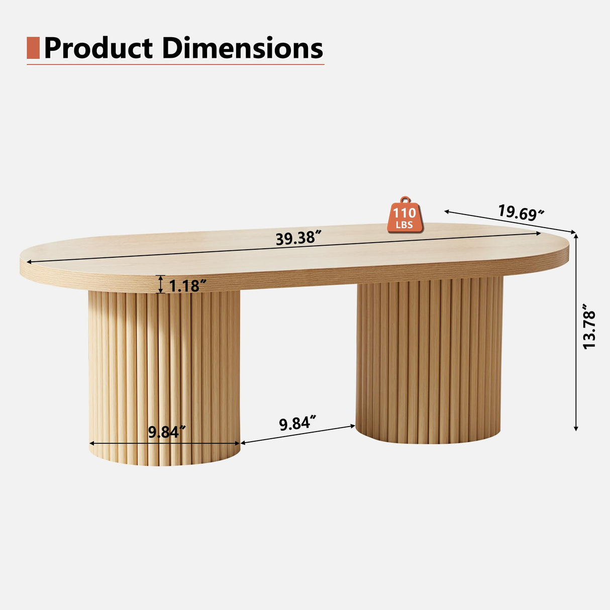 RUSTYER Oval Fluted Coffee Table, Farmhouse Wood Coffee Table Mid Century Modern Center Table Boho Living Room Tables for Living Room Office (Natural, 19.69" D x 39.38" W x 13.78" H) RUSTYER