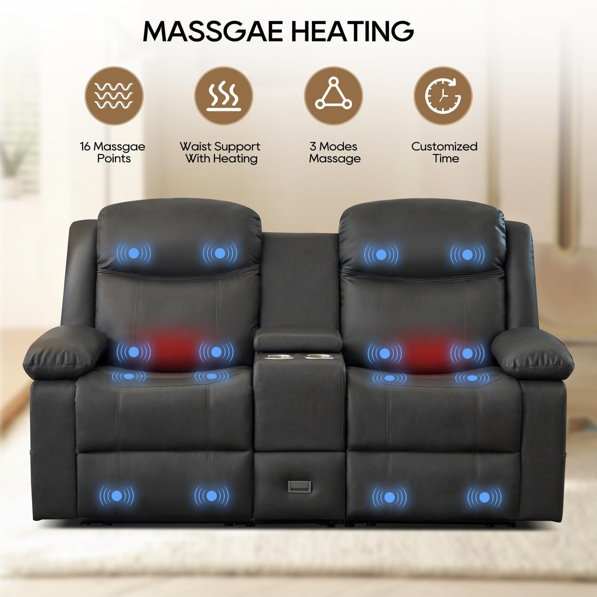 GUEAPY Reclining Loveseat Sofa with Heat and Massage, 70" Leather Dual Recliner Couch with Cup Holders, Storage Drawer & Infinite Reclining Angles,Reclining Loveseat for Living Room, Apartment, RV GUEAPY