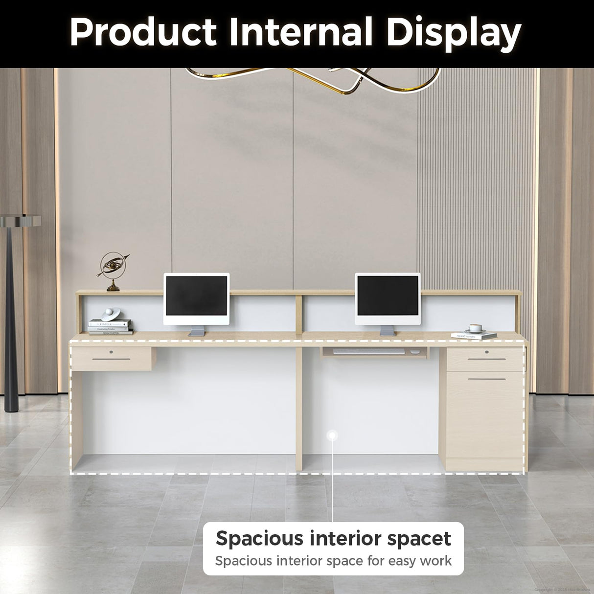 Huariifowm LED Reception Desk with Drawers & Lockers – Modern Front Counter Desk for Office, Salon, Spa, Hotel Lobby or Retail Store (White+ Maple, 71" L*24W*39" H) Huariifowm