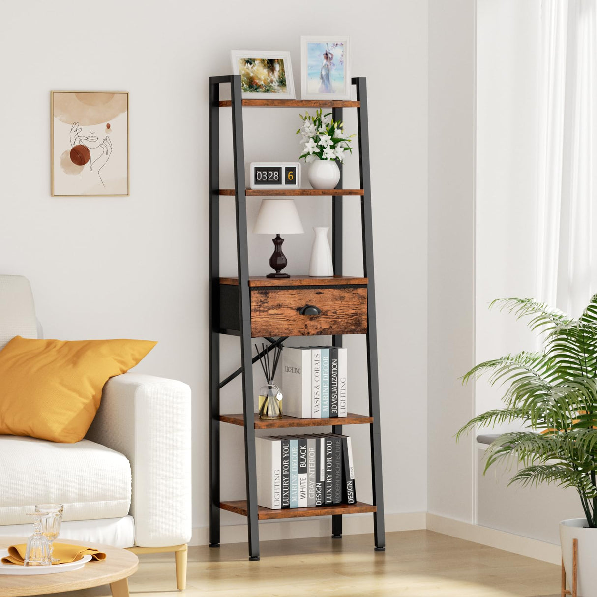 Furologee 5 Tier Ladder Shelf with Drawer, Tall Bookshelf Storage Shelves, Bookcase Standing Shelf Units, Industrial Open Display Shelves Organizer for Bedroom, Living Room, Kitchen, Rustic Brown Furologee
