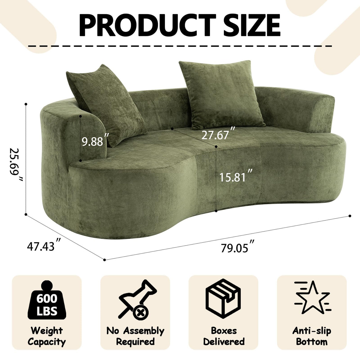 80" Curved Loveseat for Small Spaces, Green Curved Couches for Living room, Compression Sofa in a Box with 2 Pillows, Small Couch for Bedroom with Wide Armrest & Memory Foam, No Assembly Required Thctvous