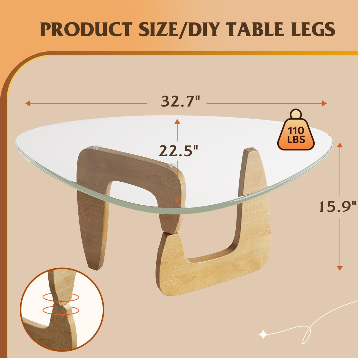 WLIVE Coffee Table, Small Glass Coffee Table with Solid Wood Legs, 32.7" Mid Century Triangle Living Room Tables, Modern Center Table for Small Spaces Living Room, Reception, Office, Natural WLIVE