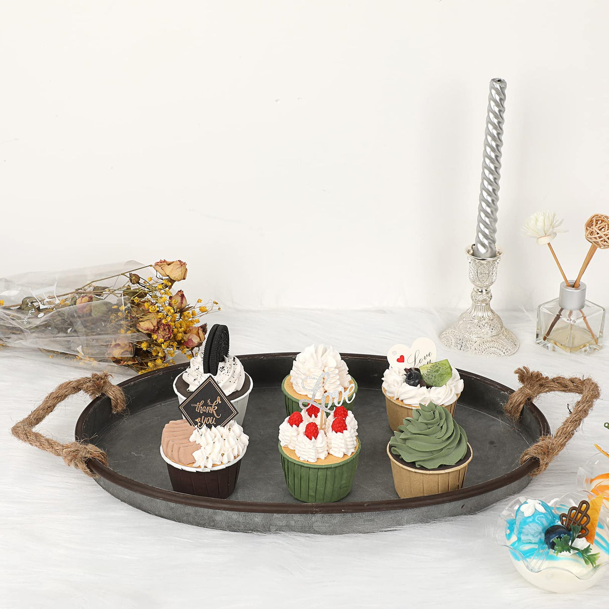 Hipiwe Galvanized Metal Iron Oval Tray with Rope Handle Farmhouse Serving Tray Rustic Industrial Decorative Centerpiece for Coffee Table Weddings and Parties Decor, Large Hipiwe