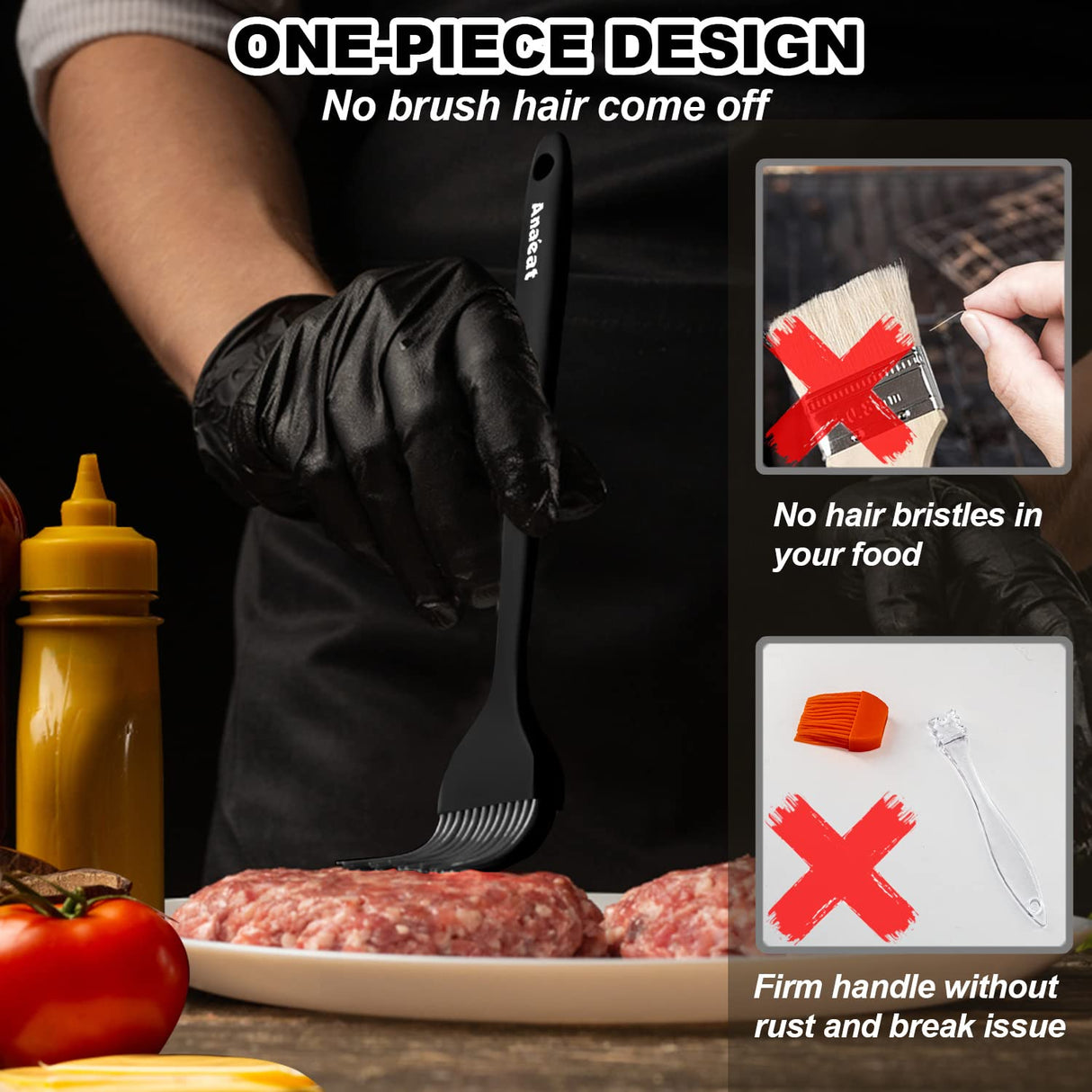 Anaeat 2 Pack Silicone Basting Pastry Brushes - Heat Resistant Brush with Soft Bristles, Hygienic One Piece Design, Marinade Brush Great in Baking for Spreading Oil Butter Sauce BBQ Grill (Black) Anaeat