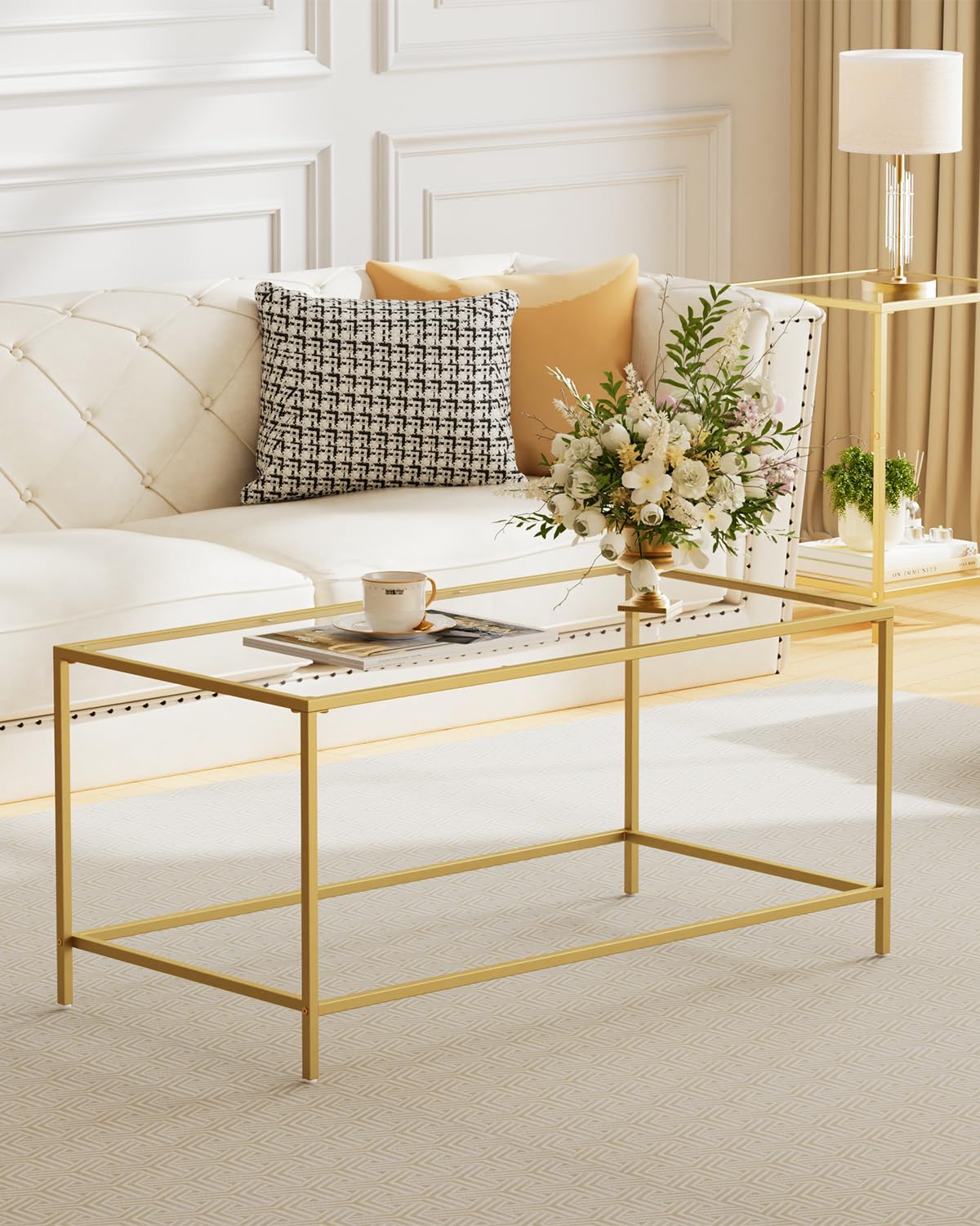 Homleke Glass Coffee Table, Modern Rectangular Coffee Table for Living Room, Minimalist Center Tea Table with Sturdy Metal Frame for Apartment, Office, Easy Assembly, 39.4 x 19.7 x 17.7 Inches, Golden Homleke