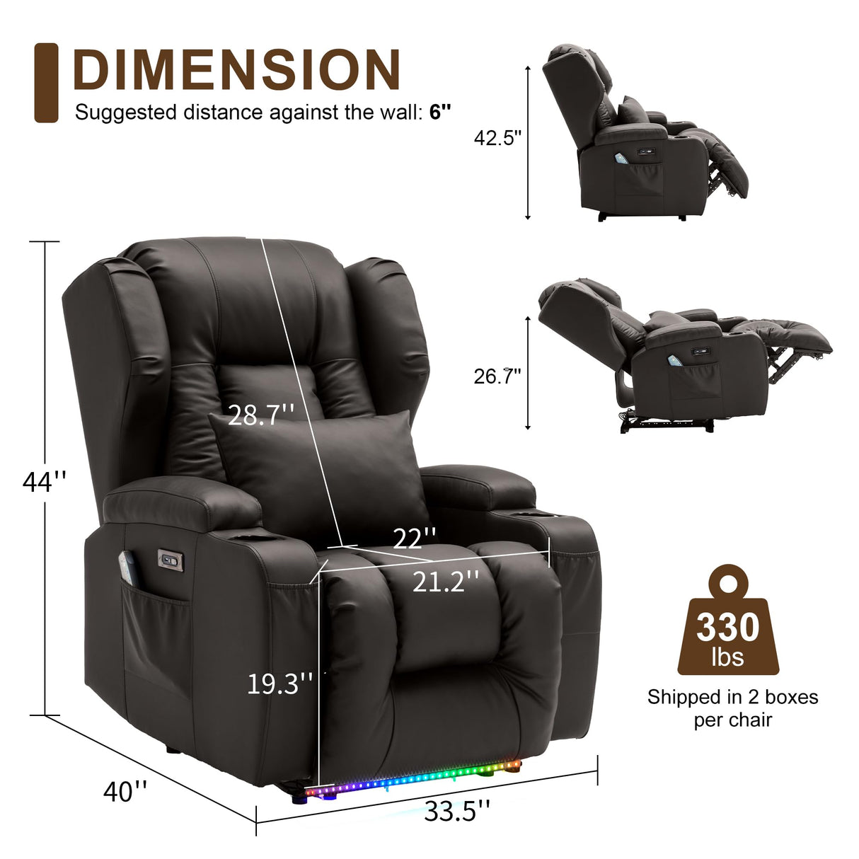 DRMBOOK Power Recliner Chair, Electric Wall Hugger Reclining Sofa with Massage & Heat, Overstuffed Modern Theater Seating with LED/USB Port/Cup Holders for Living Room (Leather Brown, 1 Chair) DRMBOOK