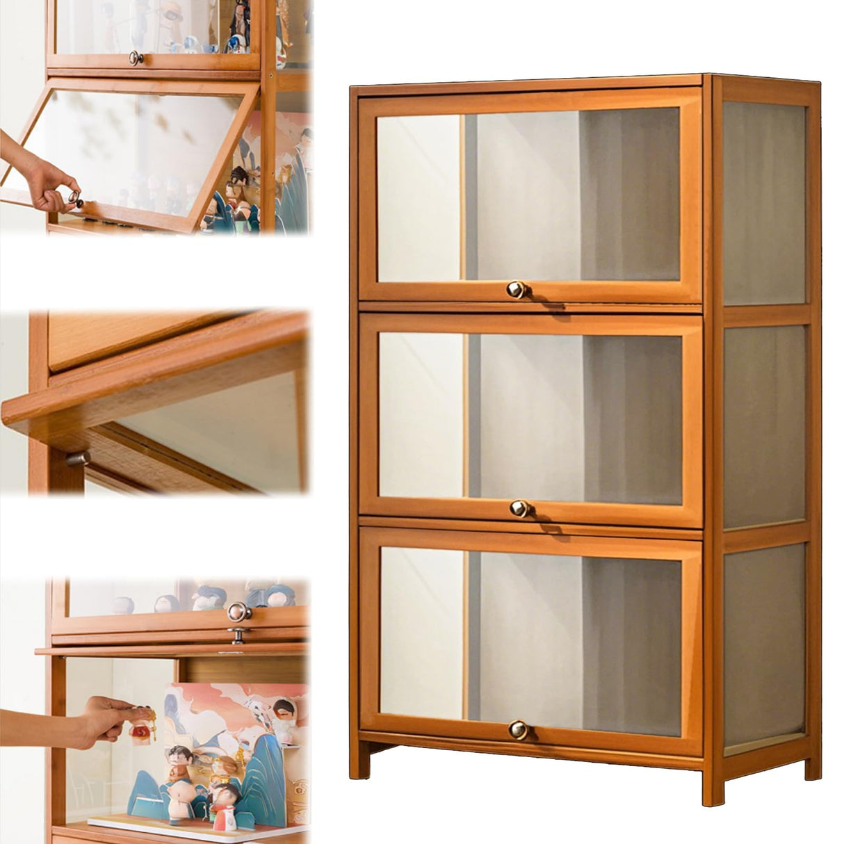 Curio Display Cabinet with Acrylic Doors,3/4Tier Display Case Bookshelf,Large Capacity Floor Bamboo Storage Cabinet,Flip Doors Convenient Storage,Easy to Clean,for Living Room,Study,Brown,106cm/41.7in WROASLTOUX
