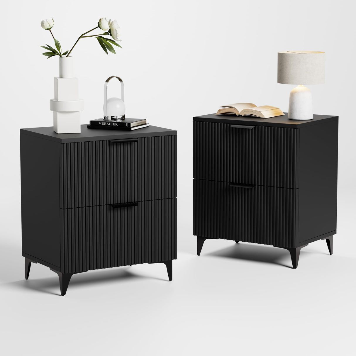Royal Windsor Fluted Nightstand Set of 2 with 2 Drawers, Side End Table, Small Accent Storage Cabinet,Modern Night Stand Bedside Table for Bedroom,Black Royal Windsor