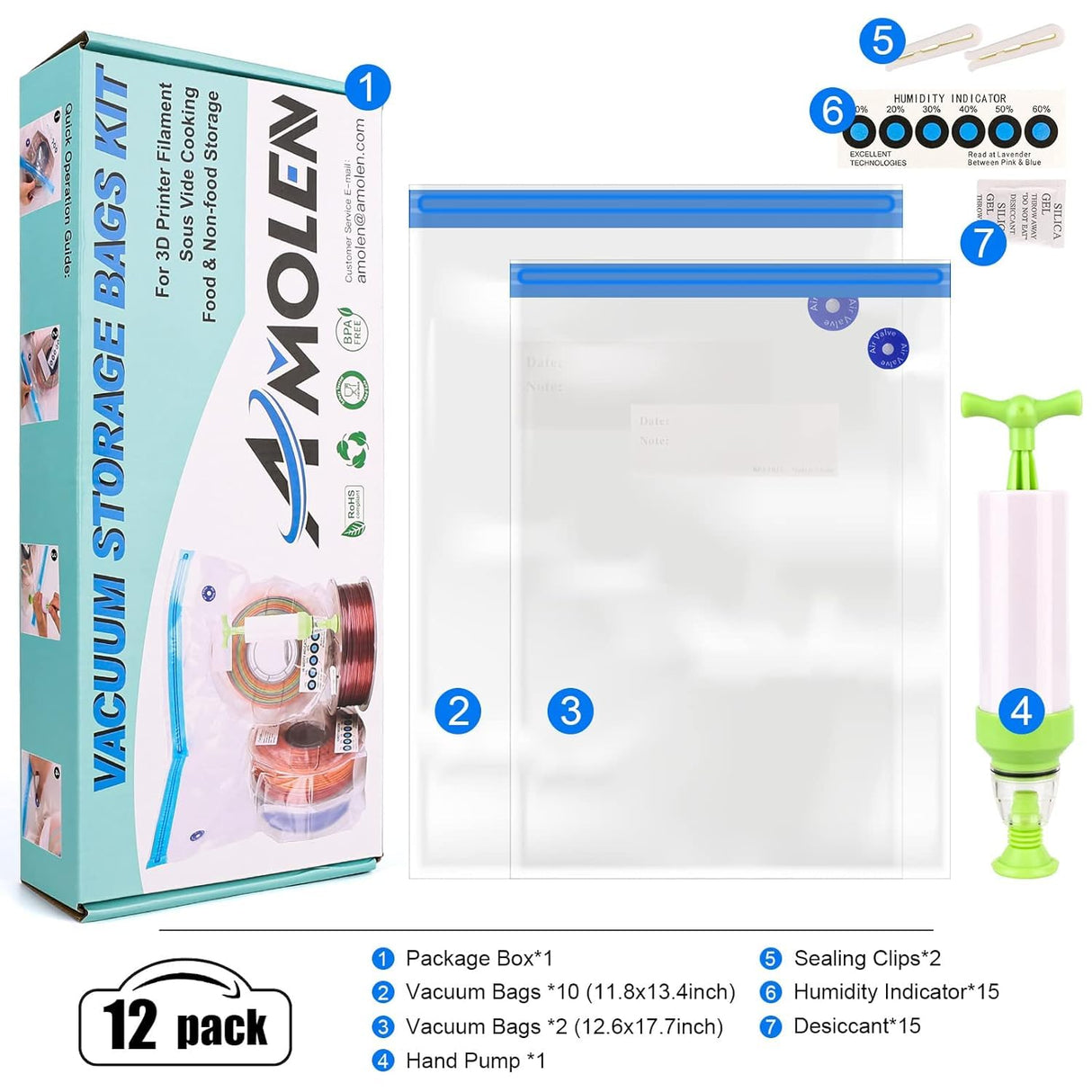 AMOLEN 3D Printer Filament Storage Bag Vacuum with Two Sizes - 45 PCS Spool Storage Sealing 12 Bags Dust Proof Humidity Resistant for Keeping Filament Dry AMOLEN