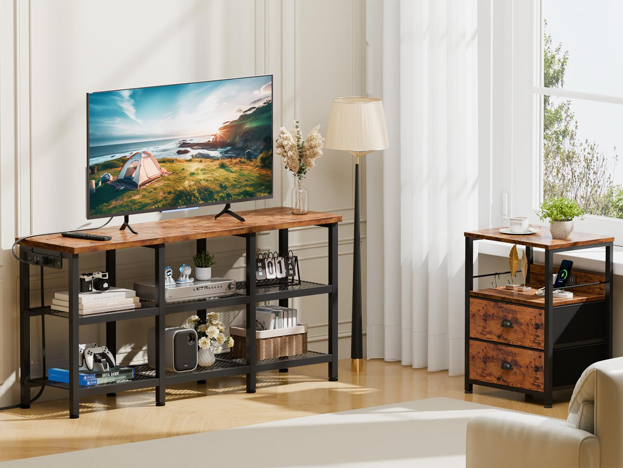 Furologee TV Stand with Power Outlets, Small Entertainment Center with Open Storage Shelves, TV Media Console Center for TVs up to 50 Inch, Television Stands for Living Room/Bedroom, Rustic Brown Furologee