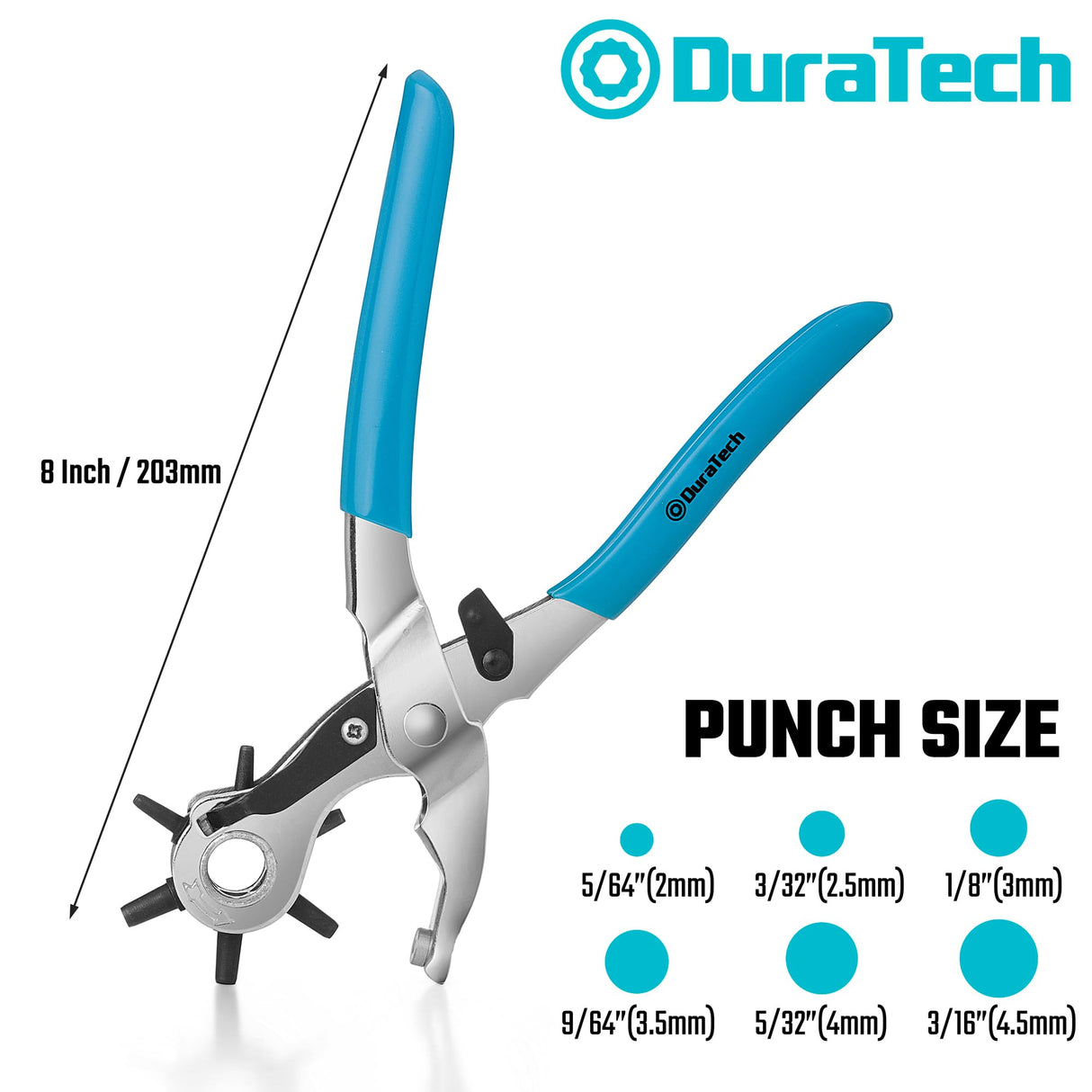 DURATECH Revolving Punch, Leather Hole Punch Tool, 8 Inch, 6 Multi-Hole Size Covers 2mm to 4.5mm, for Belts and Dog Collars, Ideal for DIY Projects DURATECH