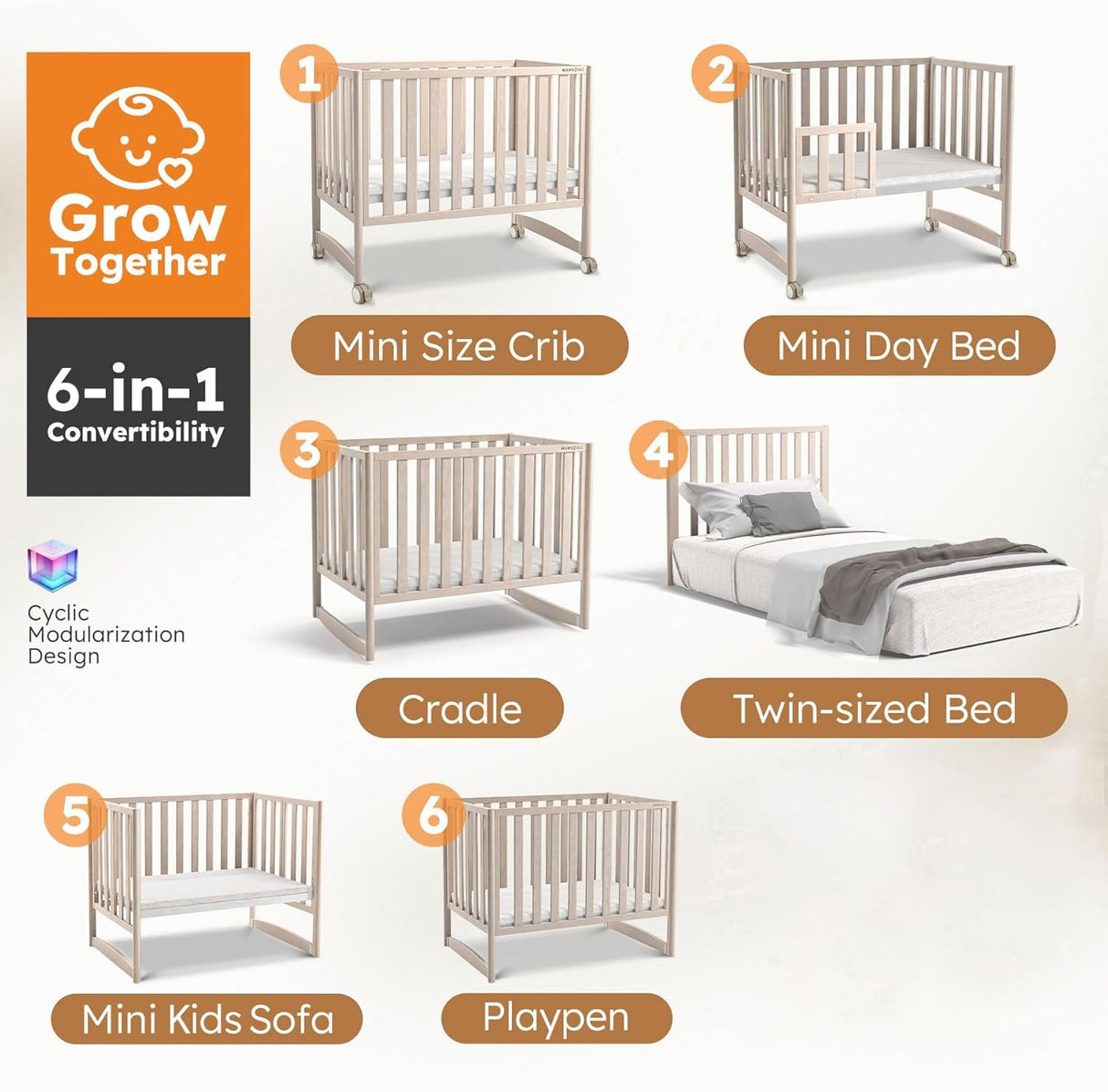 MAMAZING EvoNook 6-in-1 Convertible Mini Crib - Easy Assembly, Portable Folding Baby Mini Crib with Mattress, 100% New Zealand Pinewood, 4 Adjustable Mattress Heights, Washed Nature with Mattress MAMAZING