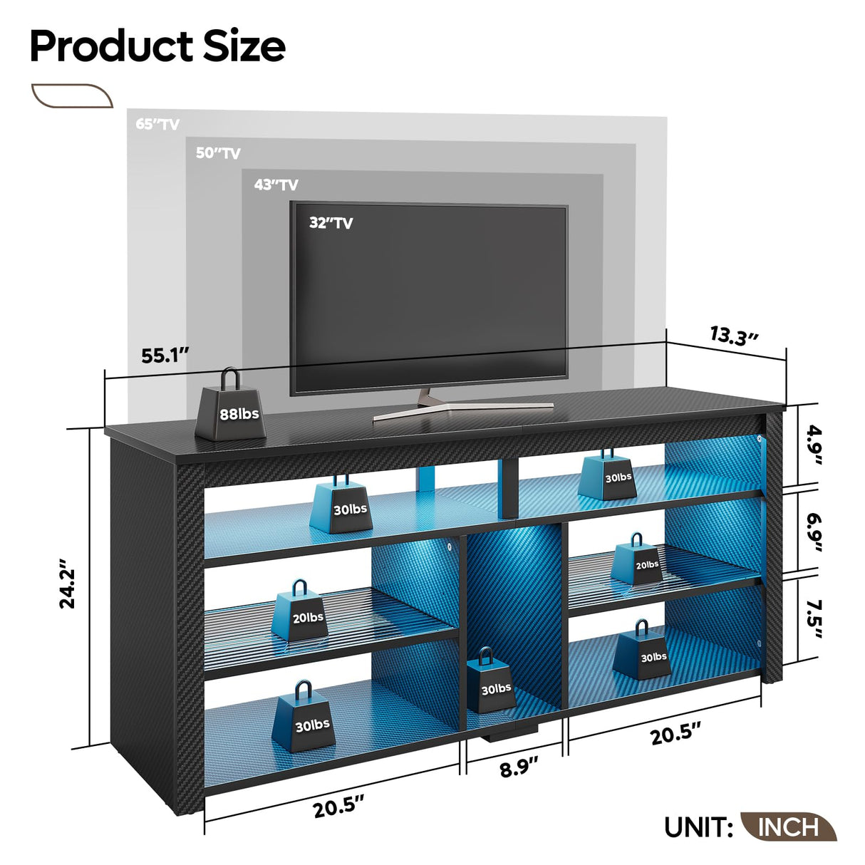 Bestier LED Tall TV Stand, Entertainment Center for 55/60/65 inch TV, Gaming TV Console with Storage for PS5, Adjustable Shelf Modern High TV Cabinet for Living Room Bedroom, Carbon Fiber Black Bestier
