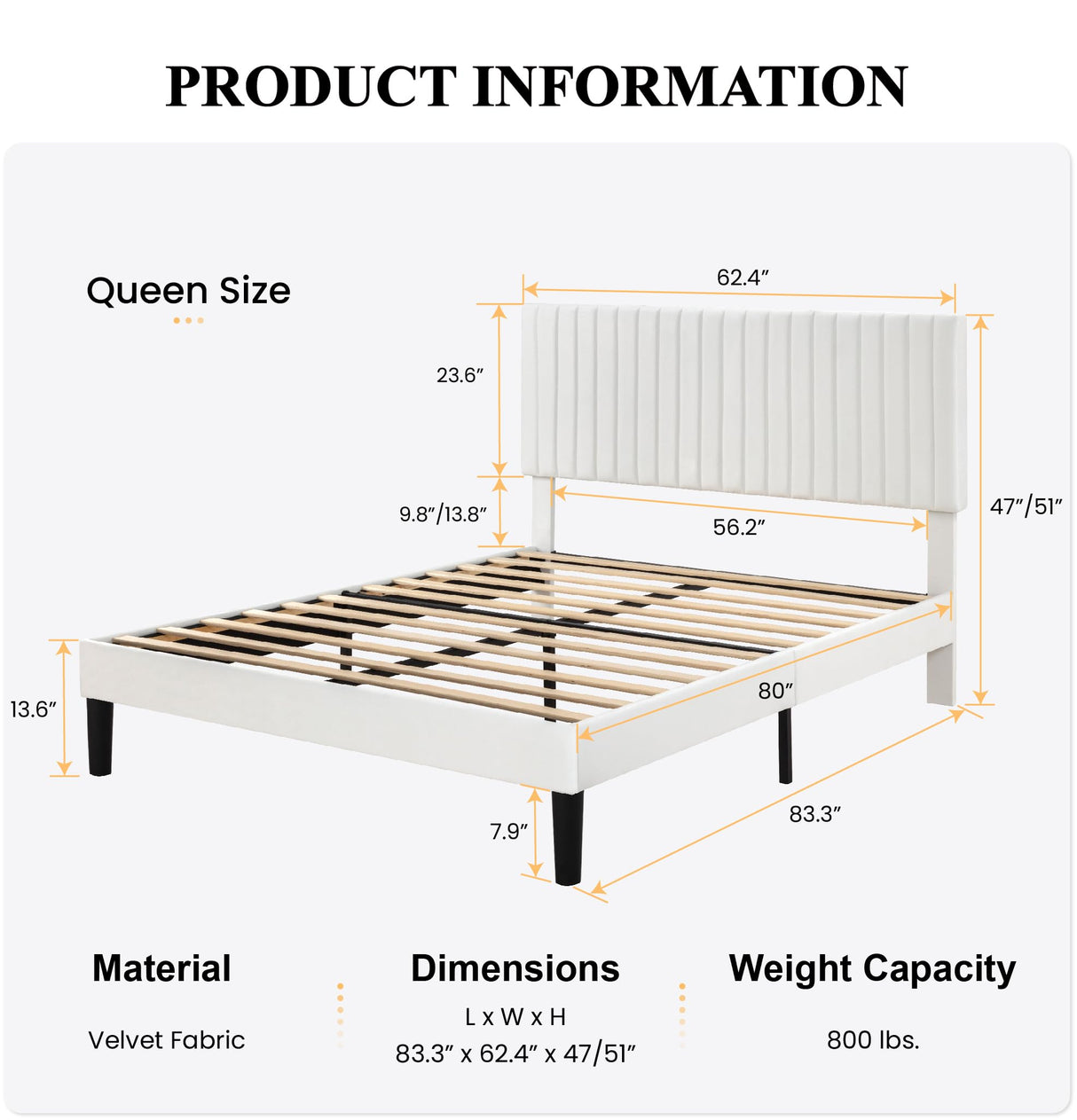 SHA CERLIN Queen Upholstered Platform Bed Frame with Vertical Channel Tufted Velvet Fabric Adjustable Headboard, Wooden Slats Support, Mattress Foundation, Box Spring Optional, White SHA CERLIN