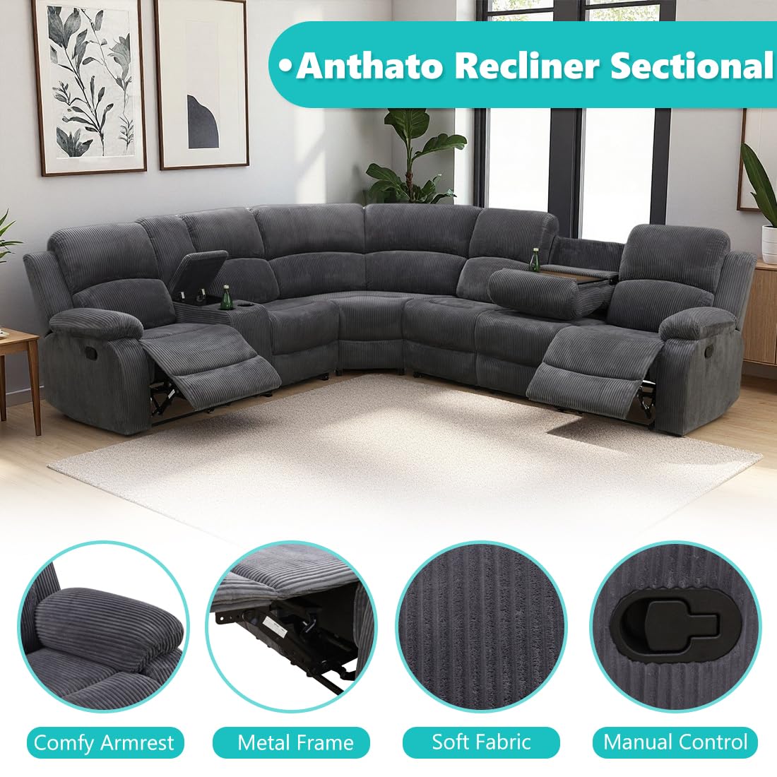 Anthato Manual Reclining Sectional Sofa Set, Living Room Furniture Sets, L-Shaped Sectional Couch & Chair, Comfy 7-Seat Corduroy Fabric Recliner Couch with Coffee Table/Cup Holders for Office, Grey Anthato