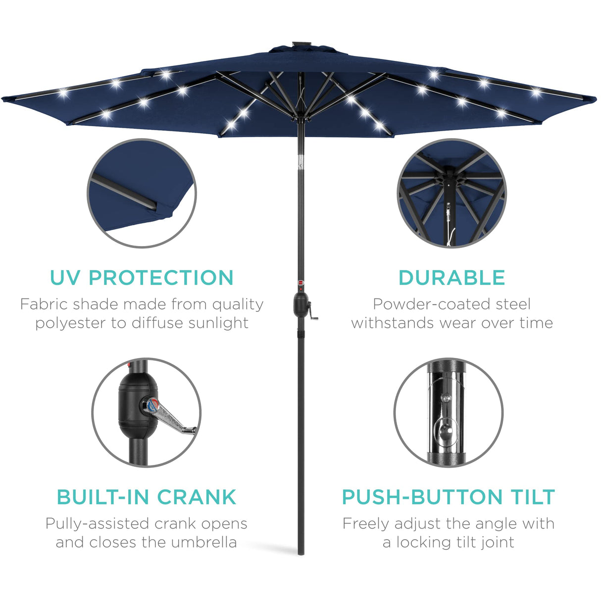 Best Choice Products 10ft Solar Polyester LED Lighted Patio Umbrella w/Tilt Adjustment and UV-Resistant Fabric - Navy Blue Best Choice Products
