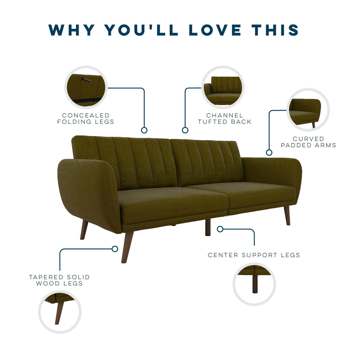 Novogratz Brittany Sofa Futon, Premium Linen Upholstery and Wooden Legs, Green Linen Novogratz