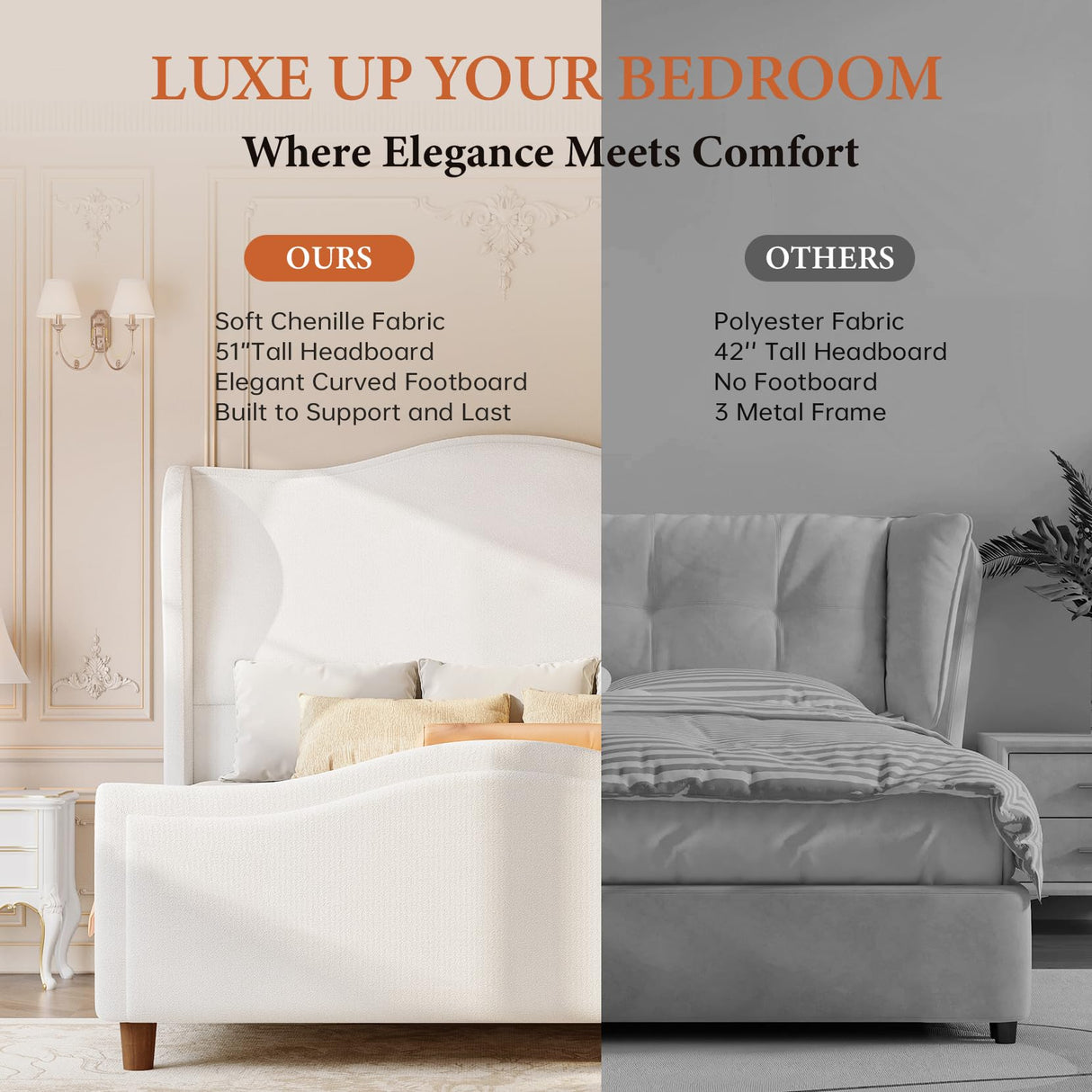 koorlian Queen Bed Frame Chenille Upholstered Platform Bed with Headboard and Footboard, 51" High Deep Tufted Wingback Sleigh Upholstered Bed, Modern Retro Minimalist Style, Easy Assembly, Cream koorlian