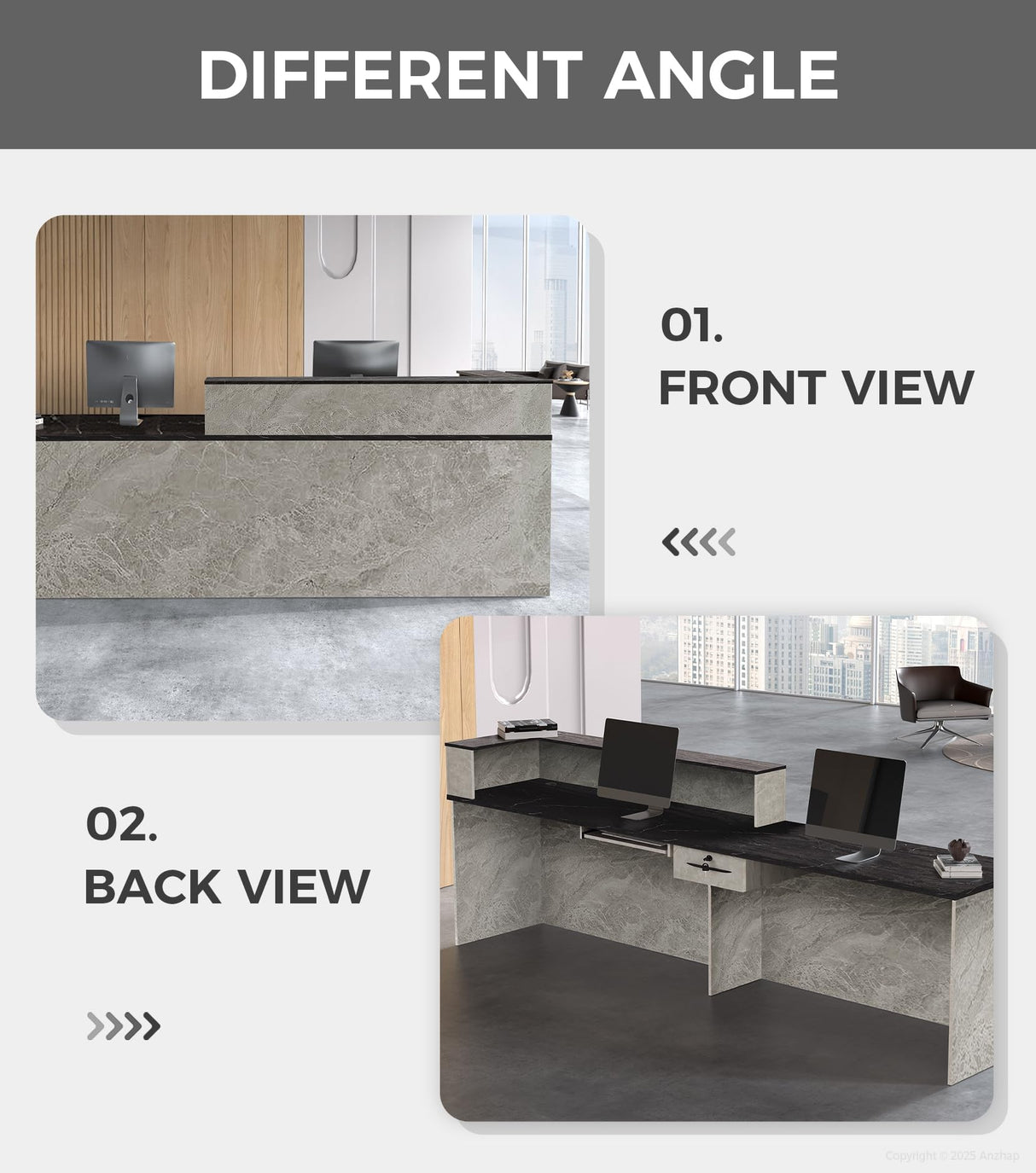 Anzhap L-Shaped Reception Desk with Counter, Front Desk Reception Counter with Drawer, Keyboard Tray & Cable Box for Office, Salon, Lobby, Checkout, Retail(Grey + Black/Left, 79" L * 24" W * 39" H) Anzhap