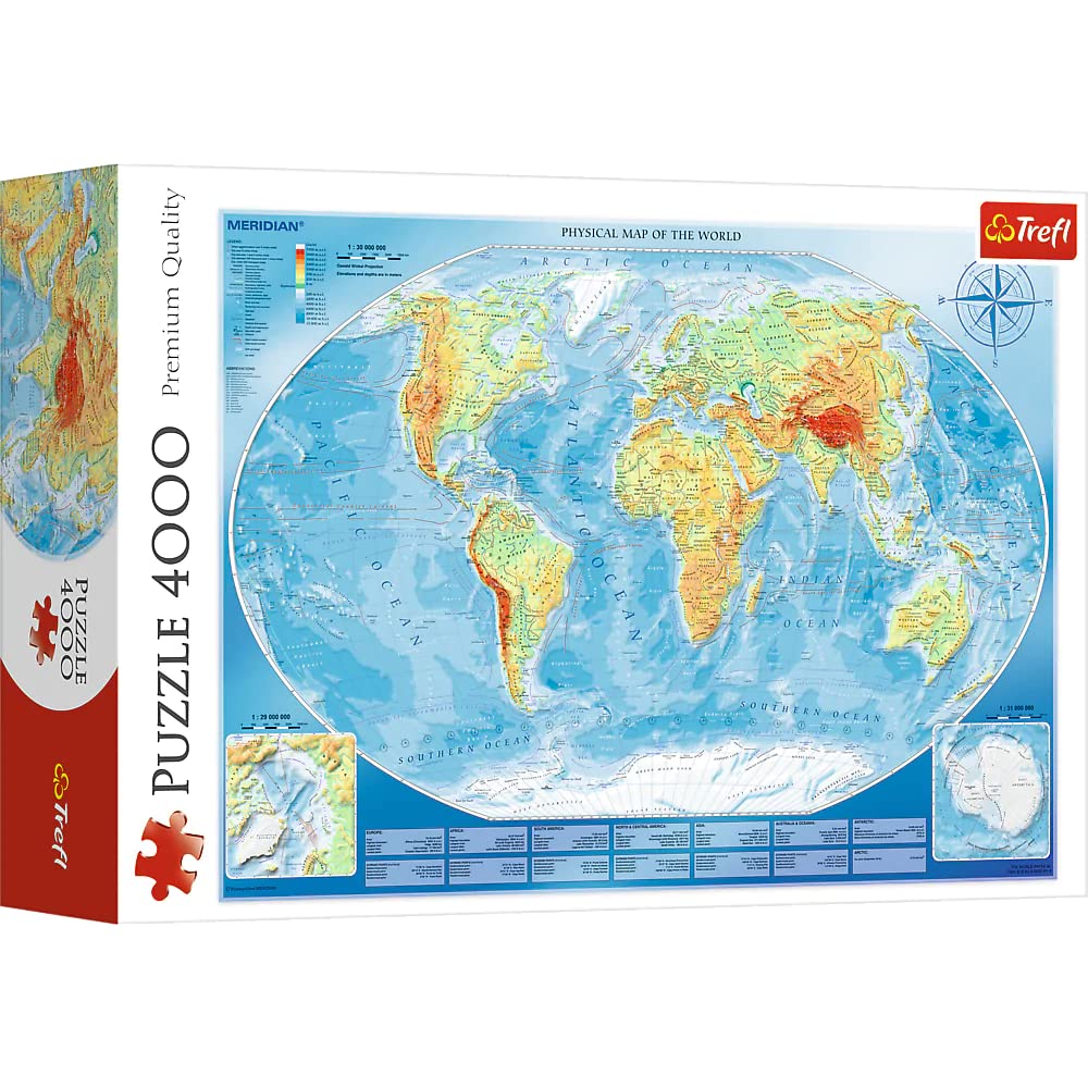 Trefl Large Physical map of The World 4000 Piece Jigsaw Puzzle Red 54"x38" Print, DIY Puzzle, Creative Fun, Classic Puzzle for Adults and Children from 15 Years Old Trefl
