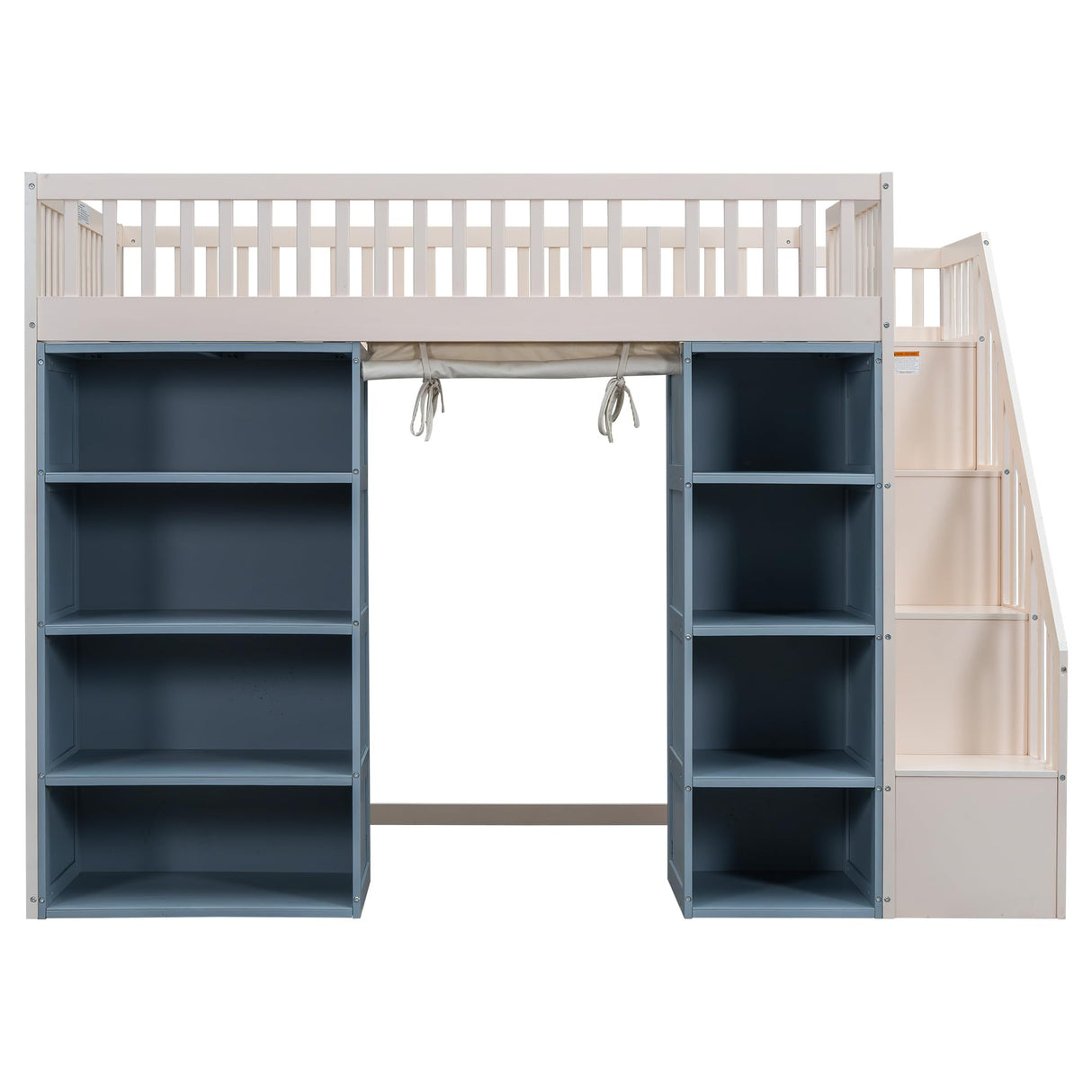 Full Size Modern Loft Bed with 2 Four-Layer Storage Cabinets and Blackout Curtain, Wooden Loft Bed Frame with Storage Staircase and Full-Length Guardrails for Kids Teens Adults (White+Blue-01) HZSSDTKJ