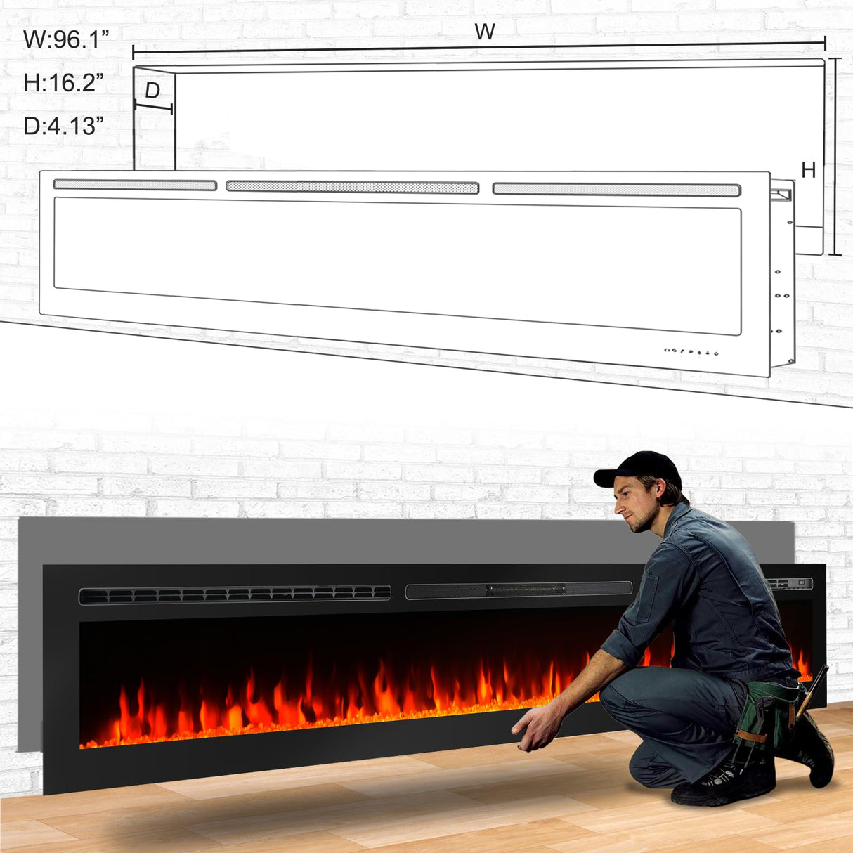 CharaVector 100 inch 750W/1500W Electric Fireplace Inserts with Remote Control in Wall Mounted, Energy Saving LED Insert Fireplace Heater Indoor Glass View with Remote Control & Touch Screen, Black CharaVector