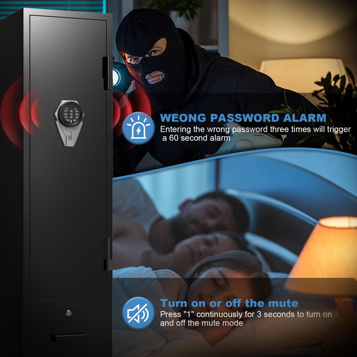 Marcree Gun Safe with Drawer, Rifle Safes for Home, Rifle Cabinet with Alarm System,Metal Gun Cabinets for Rifles and Pistols, Long Gun Safe with Two Movable Gun Racks, Digital Lock Marcree