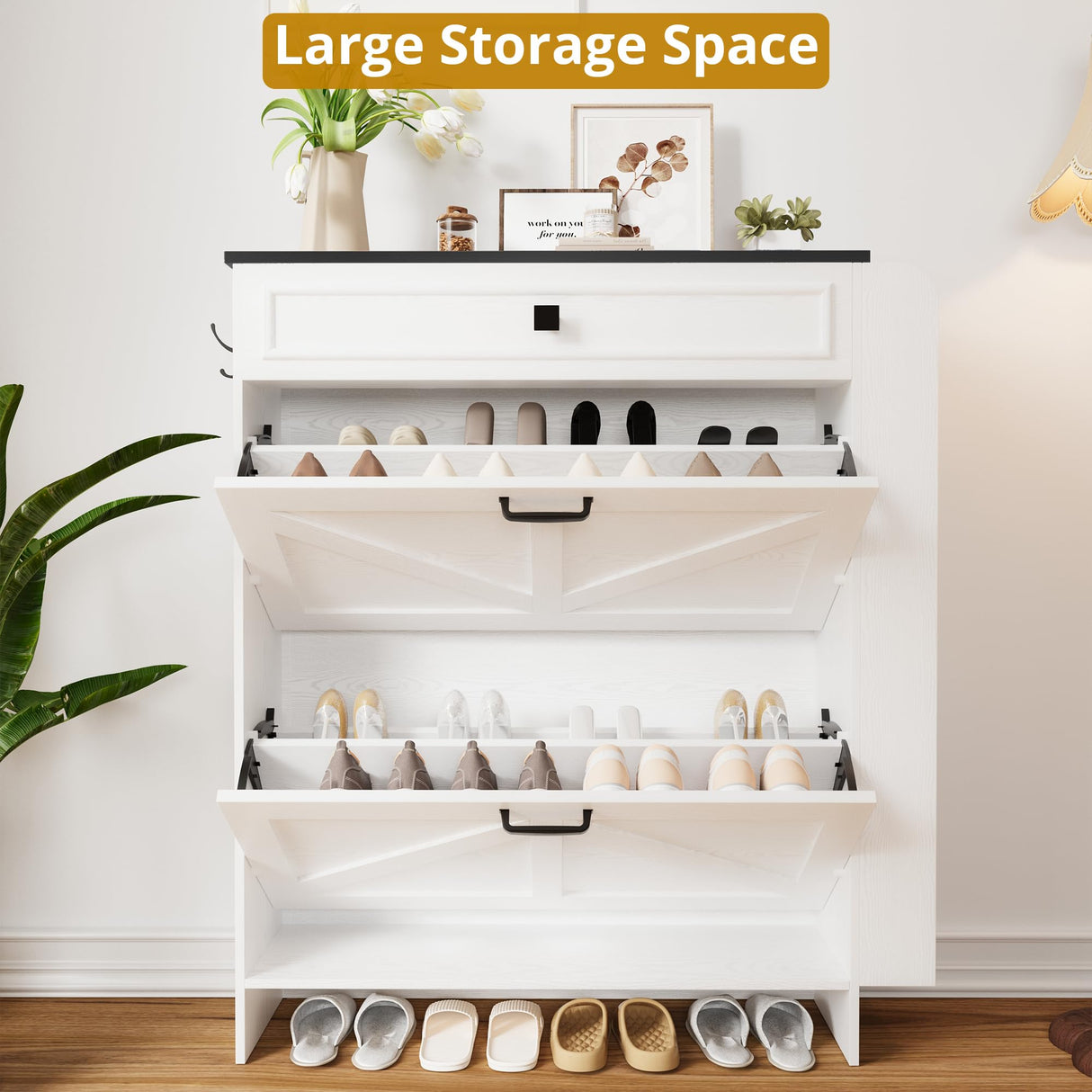 IRONCK Shoe Storage Cabinet with 2 Flip Drawers & Barn Door Design, Freestanding Shoe Cabinet Organizer with Drawer and Shelves for Entryway, Farmhouse Shoe Rack Cabinet, White/Black IRONCK