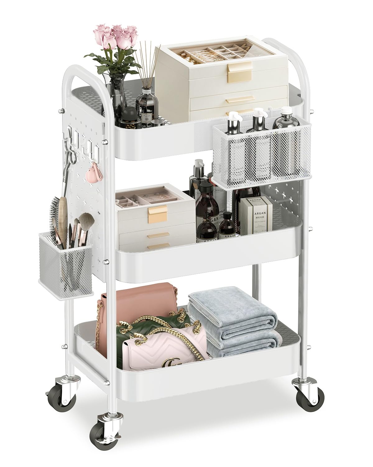 ALVOROG 3 Tier Rolling Cart with DIY Pegboards Metal Utility Cart with Wheels Handles Baskets Hooks, Storage Cart for Office Kitchen Bathroom(White) ALVOROG