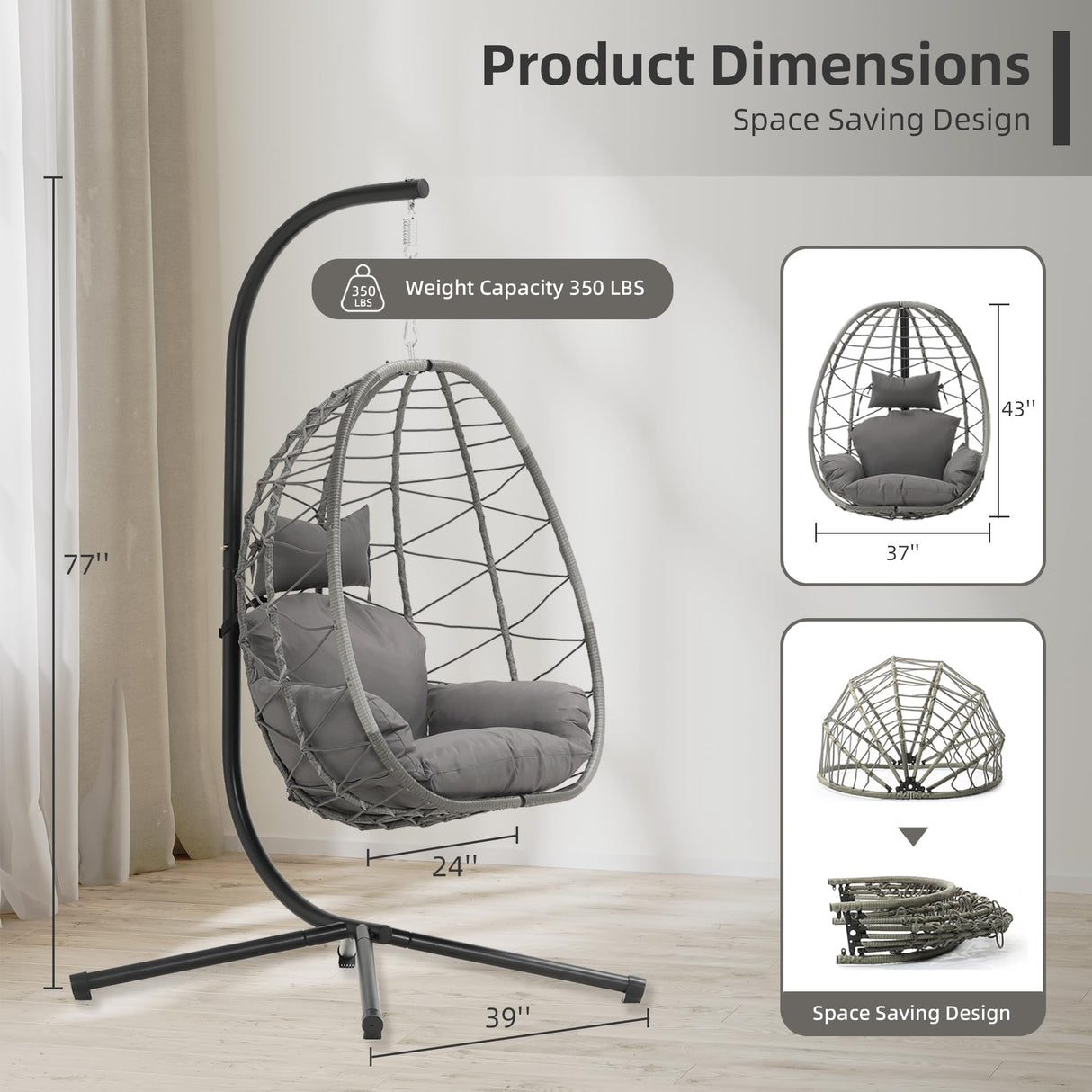 DoubleTT Egg Chair with Stand, Swing Chair Hanging Chair Nest Basket, UV Resistant Removable & Washable Cushions,350LBS Capacity for Bedroom, Balcony, Garden DoubleTT