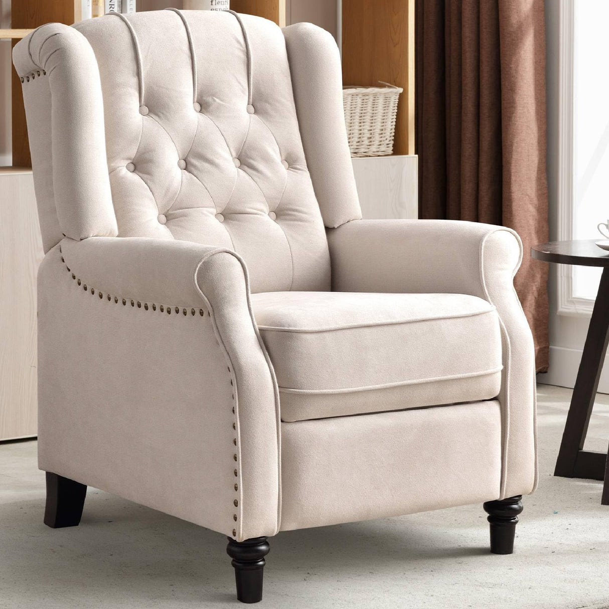CANMOV Push Back Recliner Chair,Accent Chair,Mid Century Wingback Recliner, Fabric Push Back Recliner Chair Single Armchair Sofa with Rivet Decoration, Button-Tufted Back for Living Room, White CANMOV