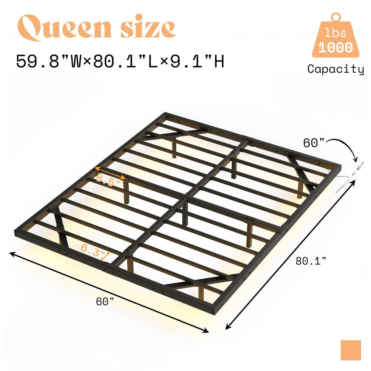 AMERLIFE Queen Size Floating Bed Frame with LED Lights - Heavy Duty Metal Platform, No Box Spring Needed, Noise Free in Black AMERLIFE