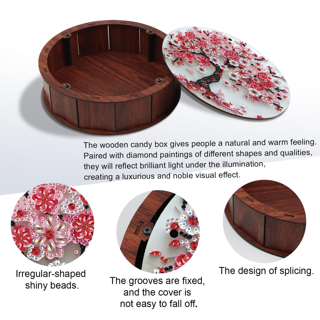 antor 5D Diamond Painting Snack Storage Box – Cherry Blossom Tree Design Round Wooden Container with Lid – Floral Elegant Crystal Rhinestone Art Craft Gift for Adults antor