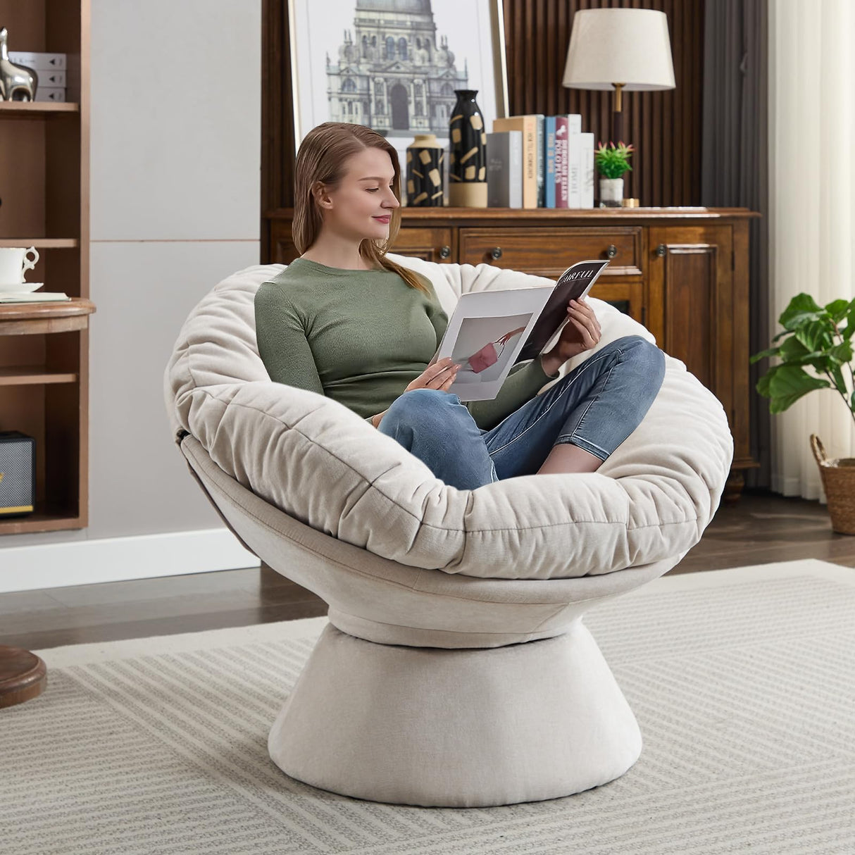 Papasan Chair,Papasan Chair with Cushion and Frame,Comfy Chenille Upholstered Round Reading Chair,Oversized 360° Swivel Accent Chair with Metal Base Lazy Chair for Bedroom,Living Room,Light Beige WIIS' IDEA