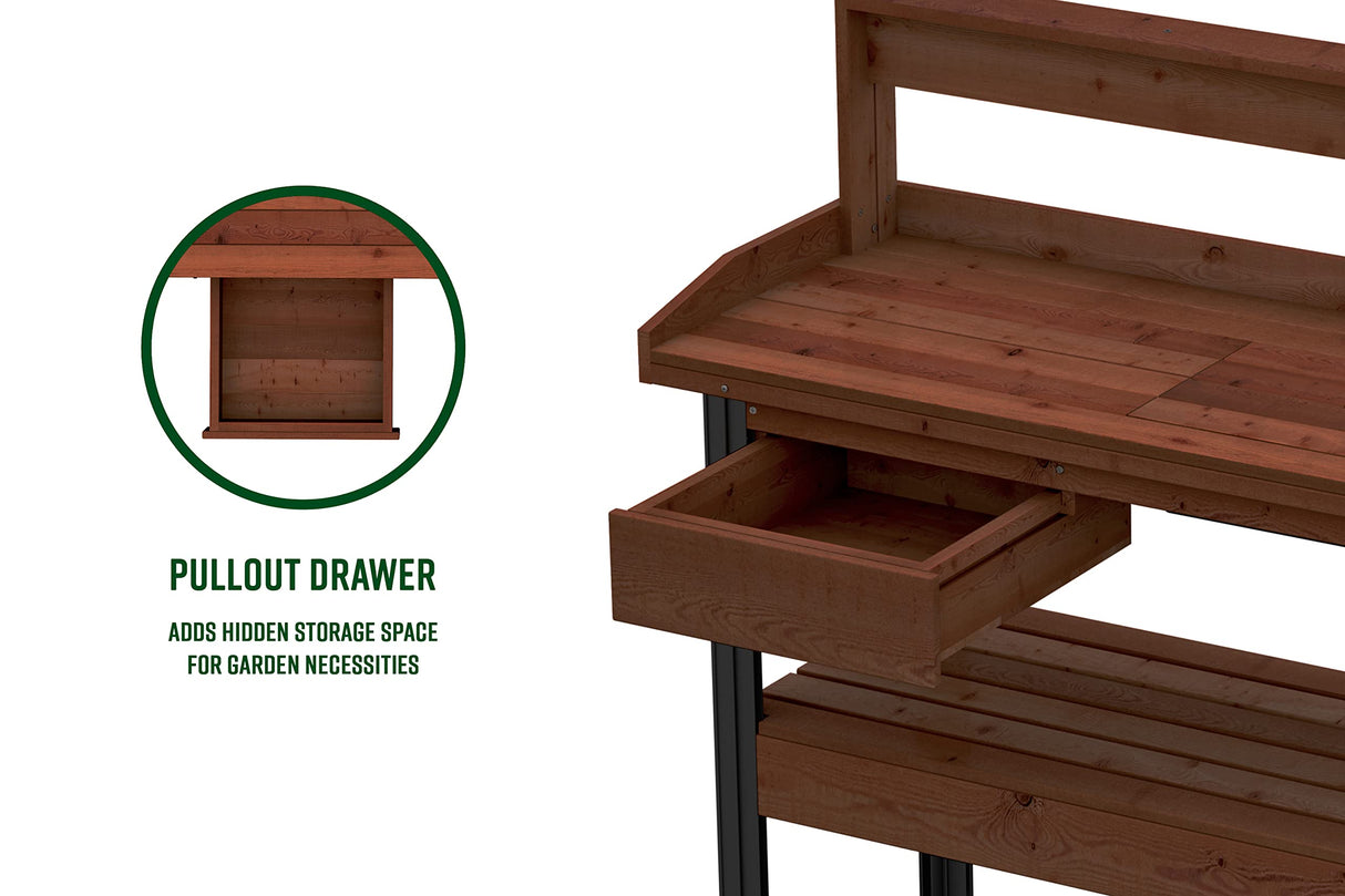 Vita 46 inch x 20 inch x 58 inch Cedar Wood Potting Bench, Dark Brown, FSC, Pre-Stained, Storage Shelf, Work Basin, Hooks, VT17744 Vita