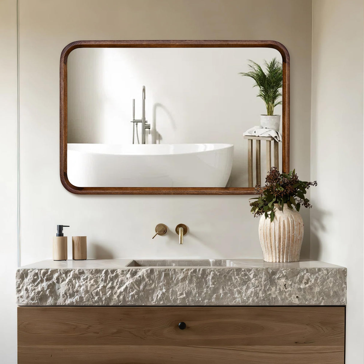 Wood Bathroom Mirror for Wall,Brown Rectangle 24 x 36 inch Hanging Vanity Tempered Mirrors with Rounded Corner for Living Room,Bedroom,Entryway (Walnut, 24x36 Inch) CULER