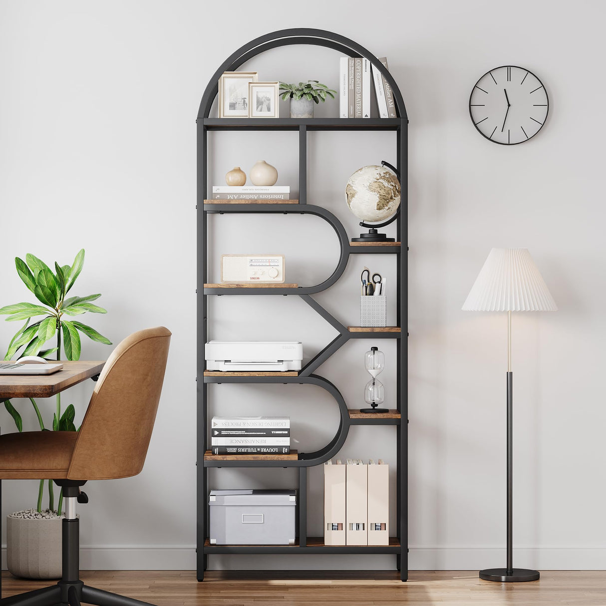 SLEKVERSA 6-Tier Arched Bookshelf, 82" Tall Modern Bookcase with Geometric Metal Frame, Gold and White Open Storage Shelf for Living Room, Home Office, Large Display Rack SLEKVERSA
