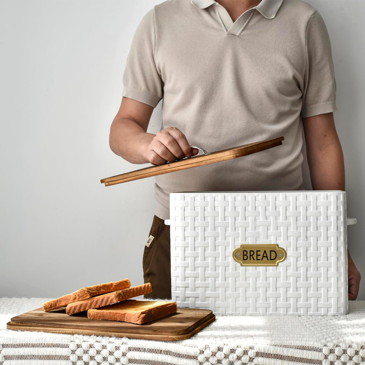 EMAX HOME Extra Large Space Saving Farmhouse Bread Box With Wood Lid - Vertical Breadbox Bread Storage Bin Holder for Kitchen Countertop, White EMAX HOME