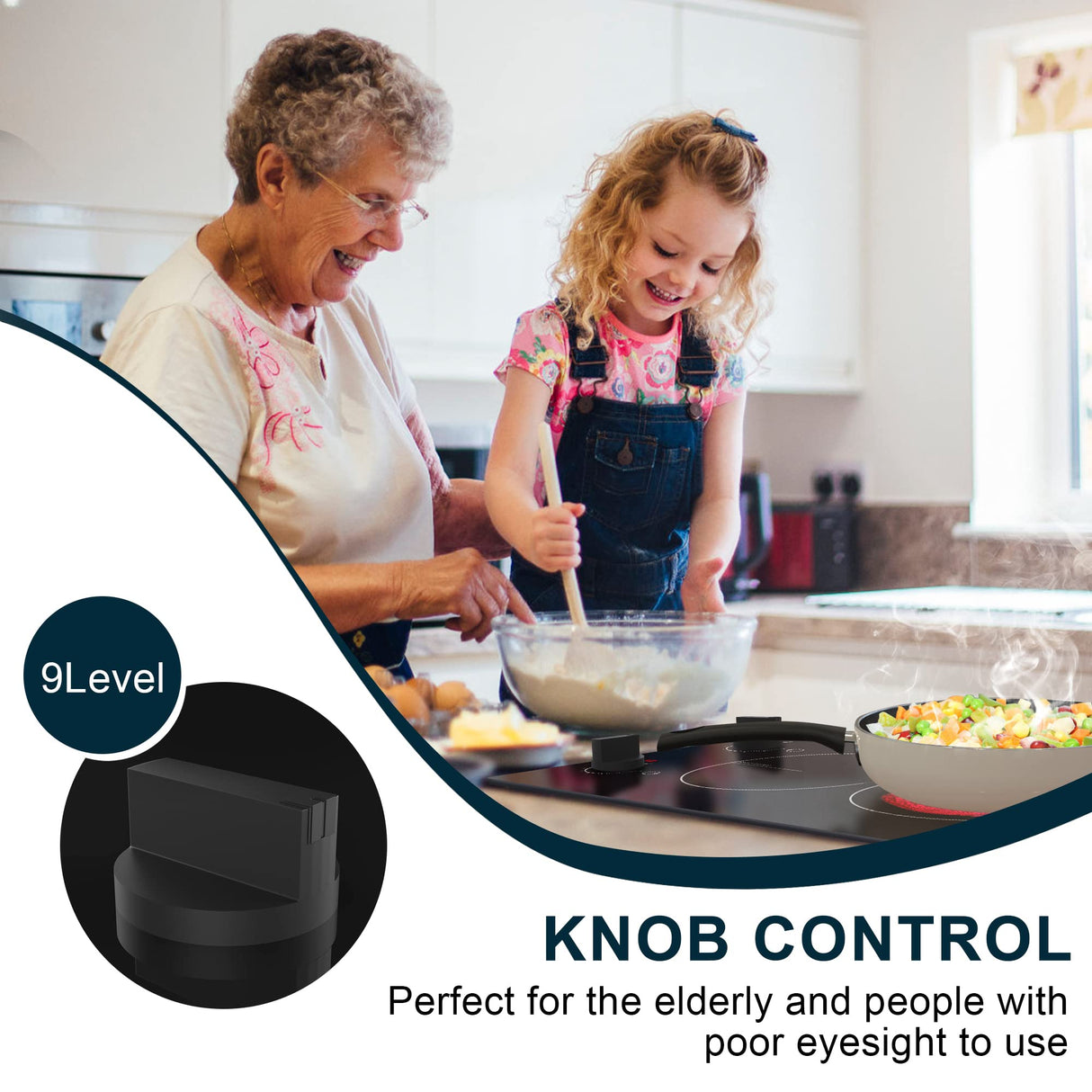 Karinear 110v Electric Cooktop 2 Burners, 12'' Electric Stove Top with Plug in, Knob Control Countertop & Built-in Ceramic Cooktop, 9 Heating Level, Hot Warning, Over-Temperature Protection Karinear