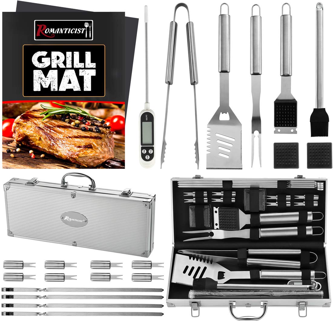 ROMANTICIST 23pc Must-Have BBQ Grill Accessories Set with Thermometer in Case - Stainless Steel Barbecue Tool Set with 2 Grill Mats for Backyard Outdoor Camping - Father's Day Best Barbecue Gift ROMANTICIST