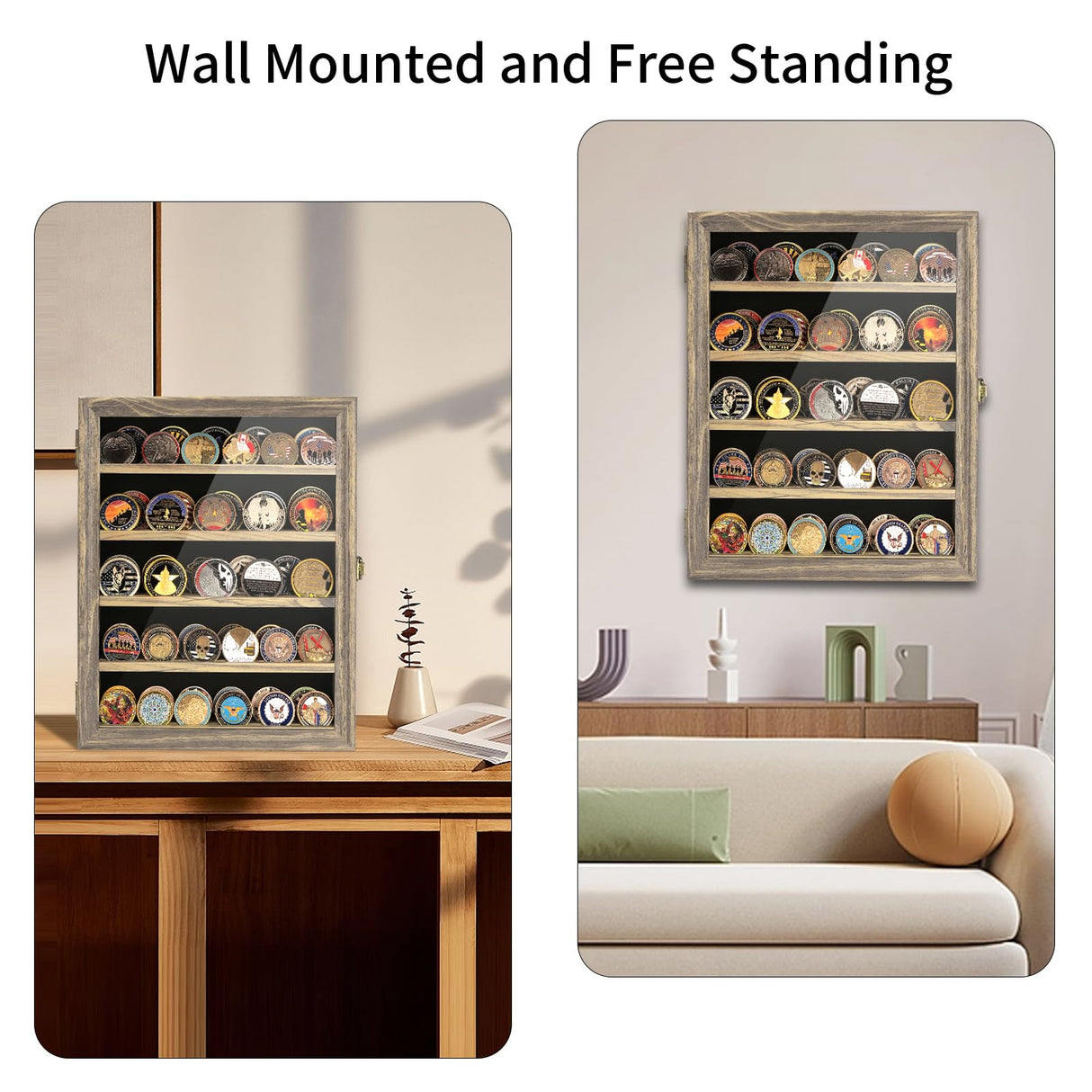 DecoWoodo 5 Rows Military Challenge Coin Display Case with HD Tempered Glass Door, Medal Display Cabinet with Removable Shelves, Poker Chip Coin Holder Shadow Box for Collectors, Rustic Wood Finish DecoWoodo