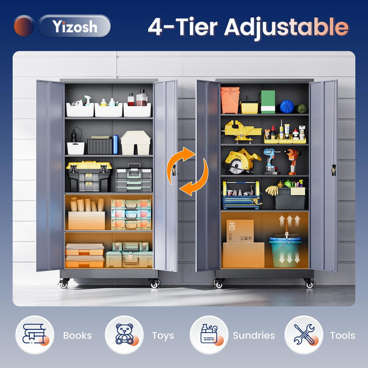 Yizosh Metal Garage Storage Cabinet with Locking Doors and Adjustable Shelves,- 75" Rolling Steel Tool Cabinet for Home Office,Garage,Warehouse Yizosh