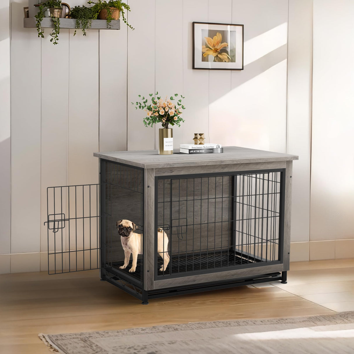 JY QAQA Dog Crate Furniture, Wooden Dog Crate Table, Double-Doors Dog Furniture, Indoor Dog Kennel, Dog House, Dog Cage/Grey/S JY QAQA PET