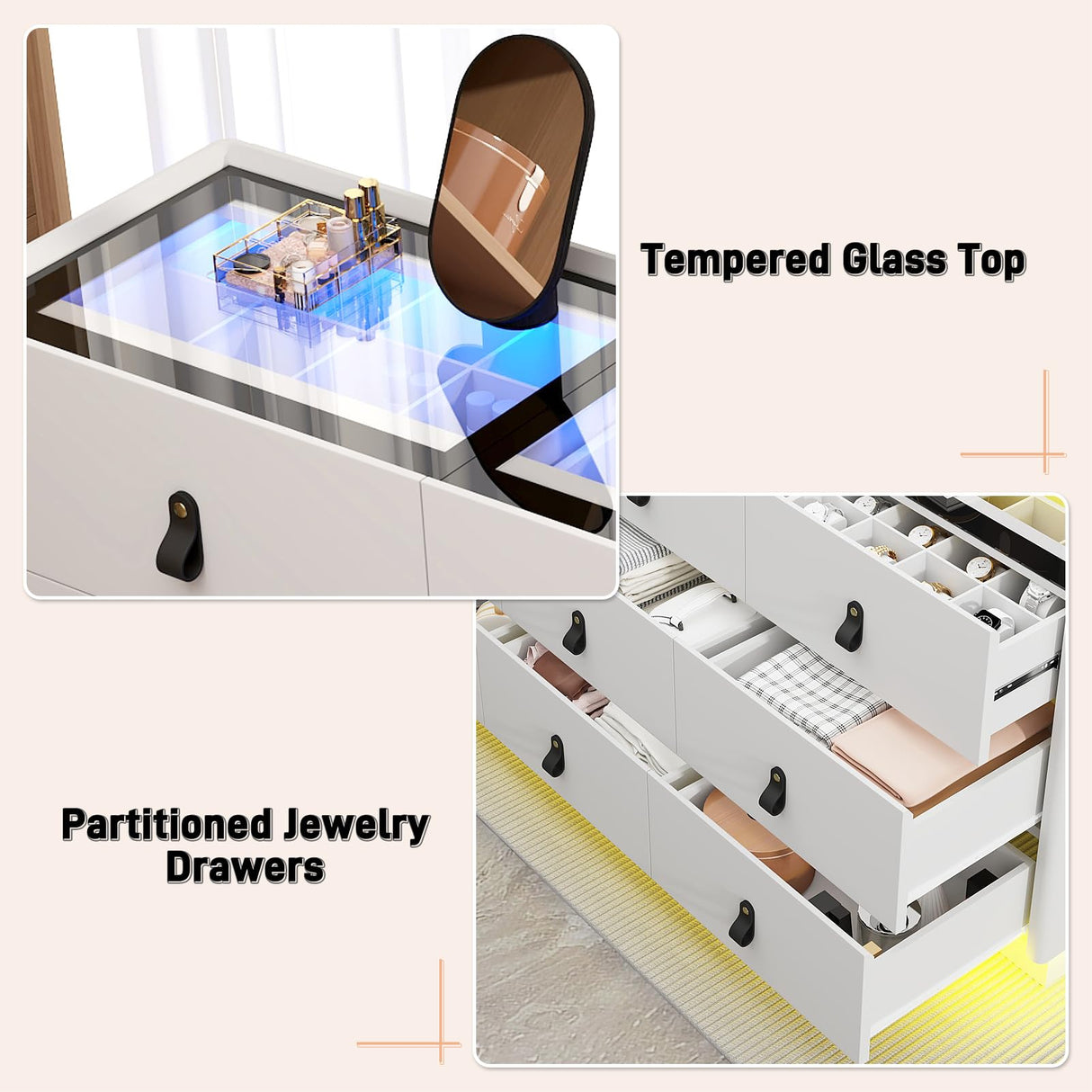 jiteentarou 63 Inch Dresser with Jewelry Drawers & Glass Top, Modern Chest of Drawers with LED Light, Closet Island, Leather Handle, Arc Design, White jiteentarou