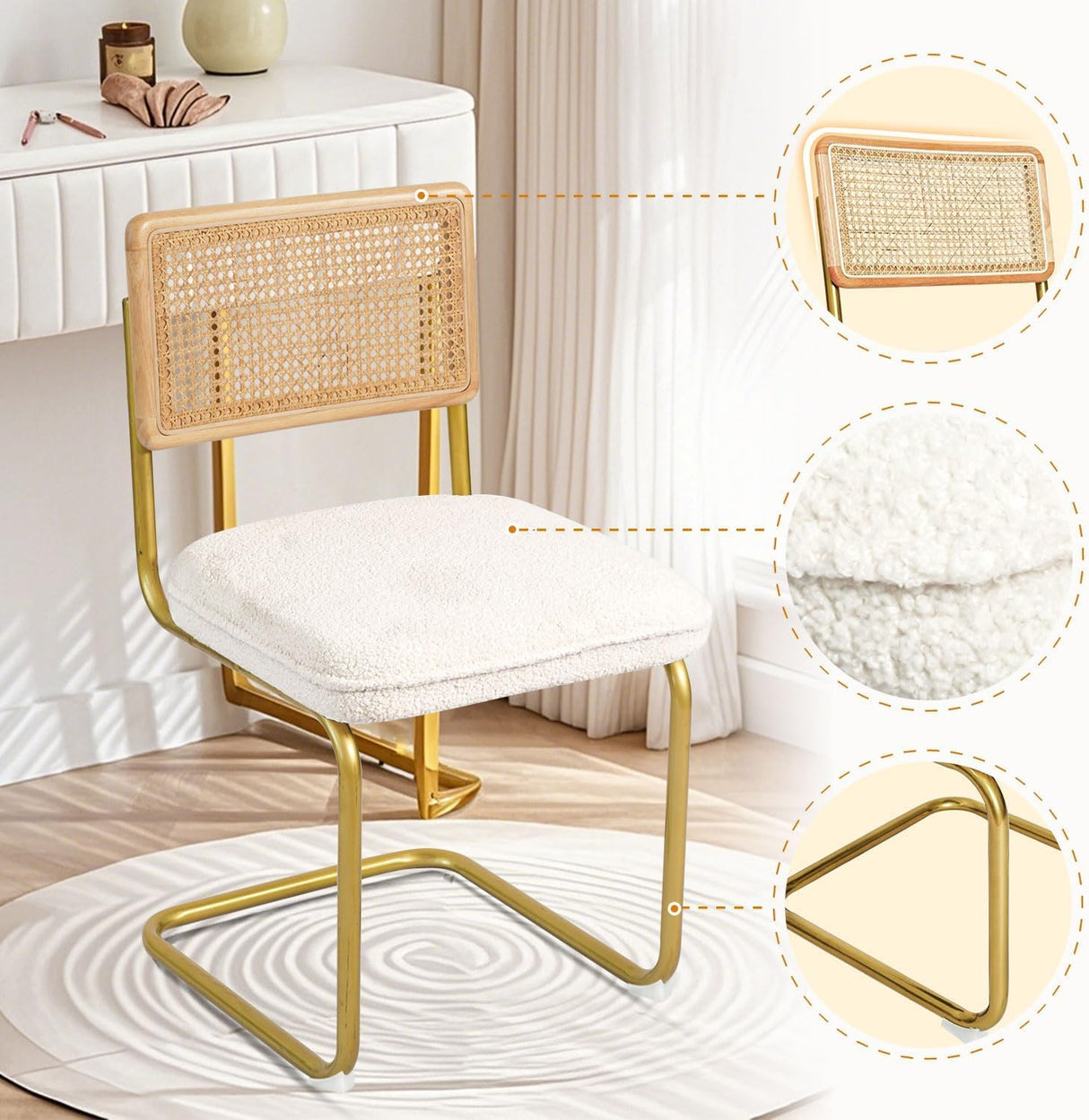 CangLong Mid-Century Modern Rattan Chairs, Upholstered Fleece Seat Armless Chairs with Rattan Backrest & Metal Legs for Home Kitchen Dining Room, Set of 2, Cream CangLong