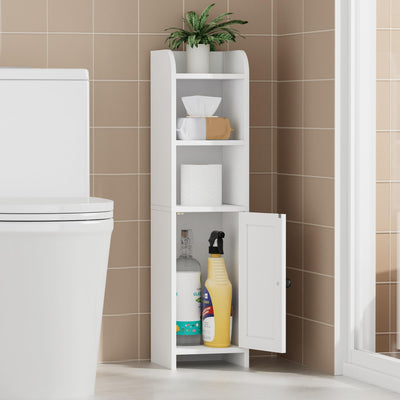 Homhedy Small Bathroom Storage Corner Floor Cabinet with Door and Shelves, Beside The Toilet Paper Stand for Skinny, Narrow Toilet Paper Cabinet, 9.8" D x 7.9" W x 31" H, White