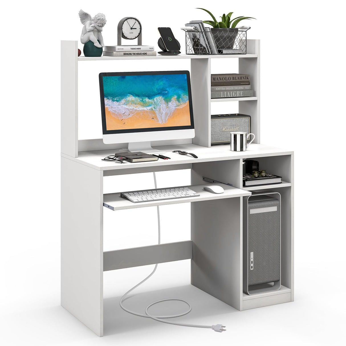 Giantex 43.5" Modern Computer Desk with Power Outlet, Keyboard Tray & Storage for Home Office Giantex