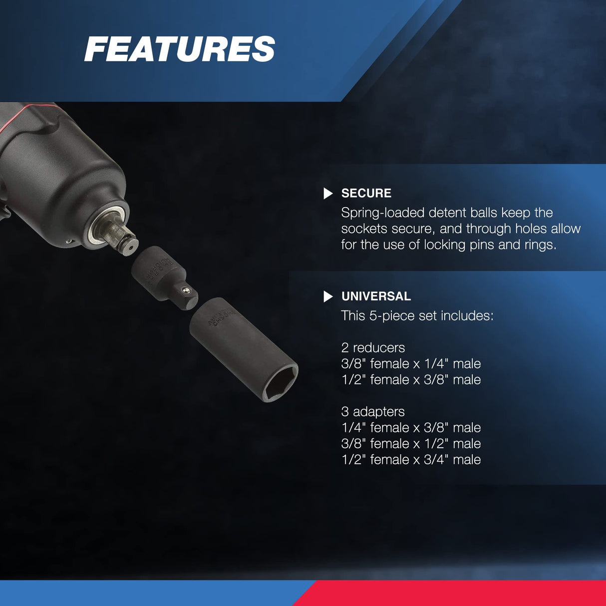 NEIKO 30249A 5 Piece Impact Socket Adapter Set, Standard SAE, 1/4, 3/8, 1/2" Cr-V Steel Impact Driver & Wrench Conversion Kit Socket Reducer, Locking Socket Adapter Set NEIKO