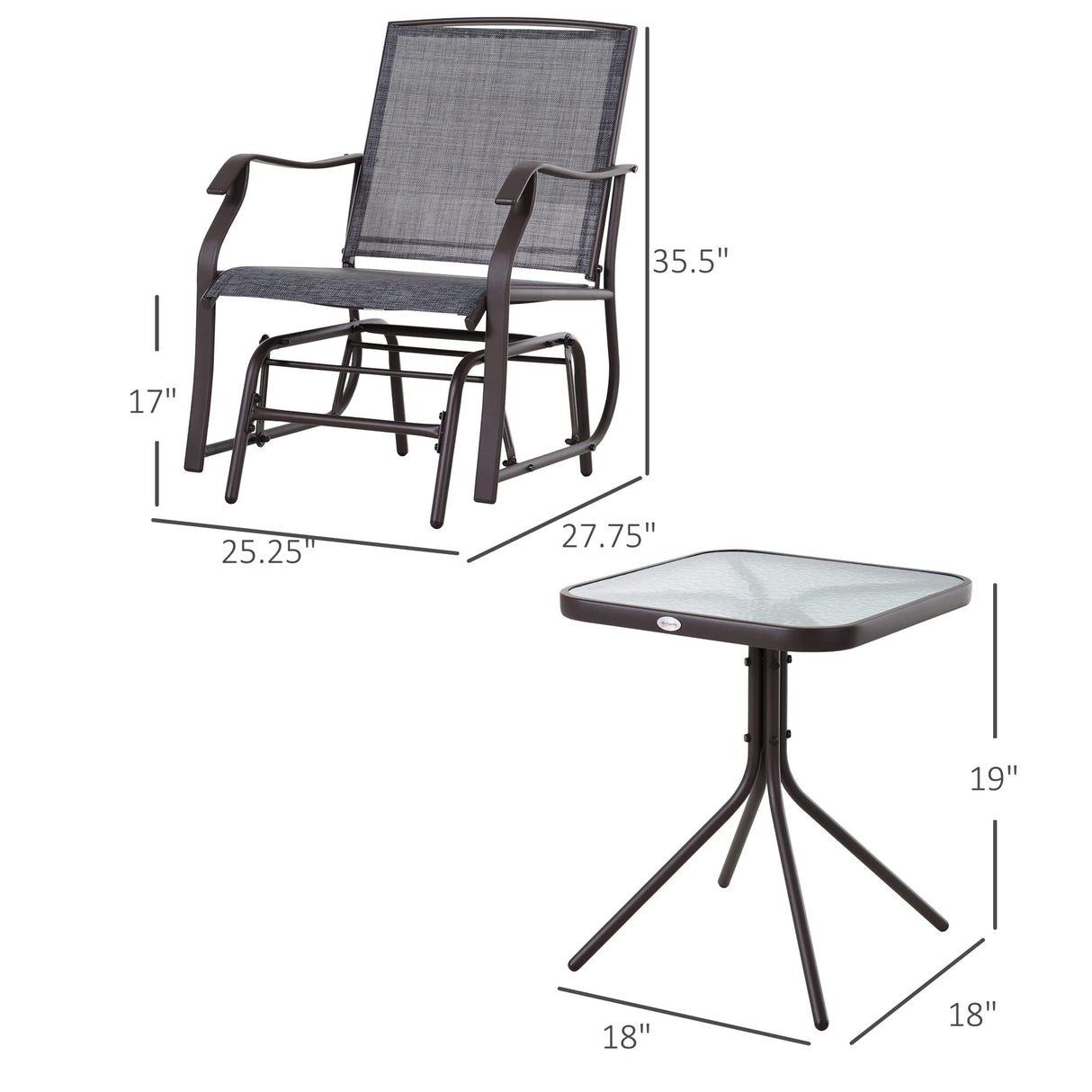 Outsunny 3 Piece Outdoor Glider Chair with Coffee Table Bistro Set, 2 Patio Rocking Swing Chairs with Breathable Sling Fabric, Glass Tabletop, for Backyard, Garden and Porch, Gray Outsunny